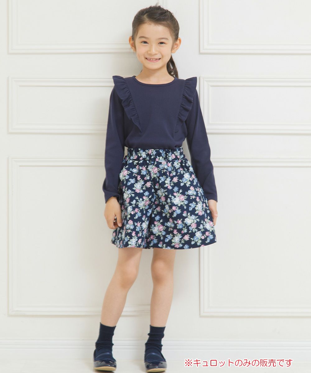 子供服 女の子 日本製花柄ウエストゴムキュロットパンツ ネイビー(06) モデル画像全身
