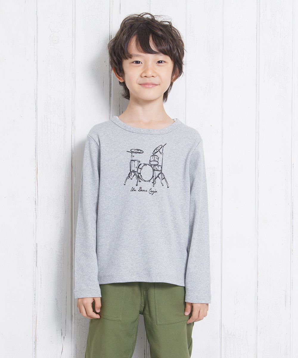 子供服 男の子 綿100％楽器シリーズドラムプリントTシャツ 杢ｸﾞﾚｰ(92) モデル画像アップ