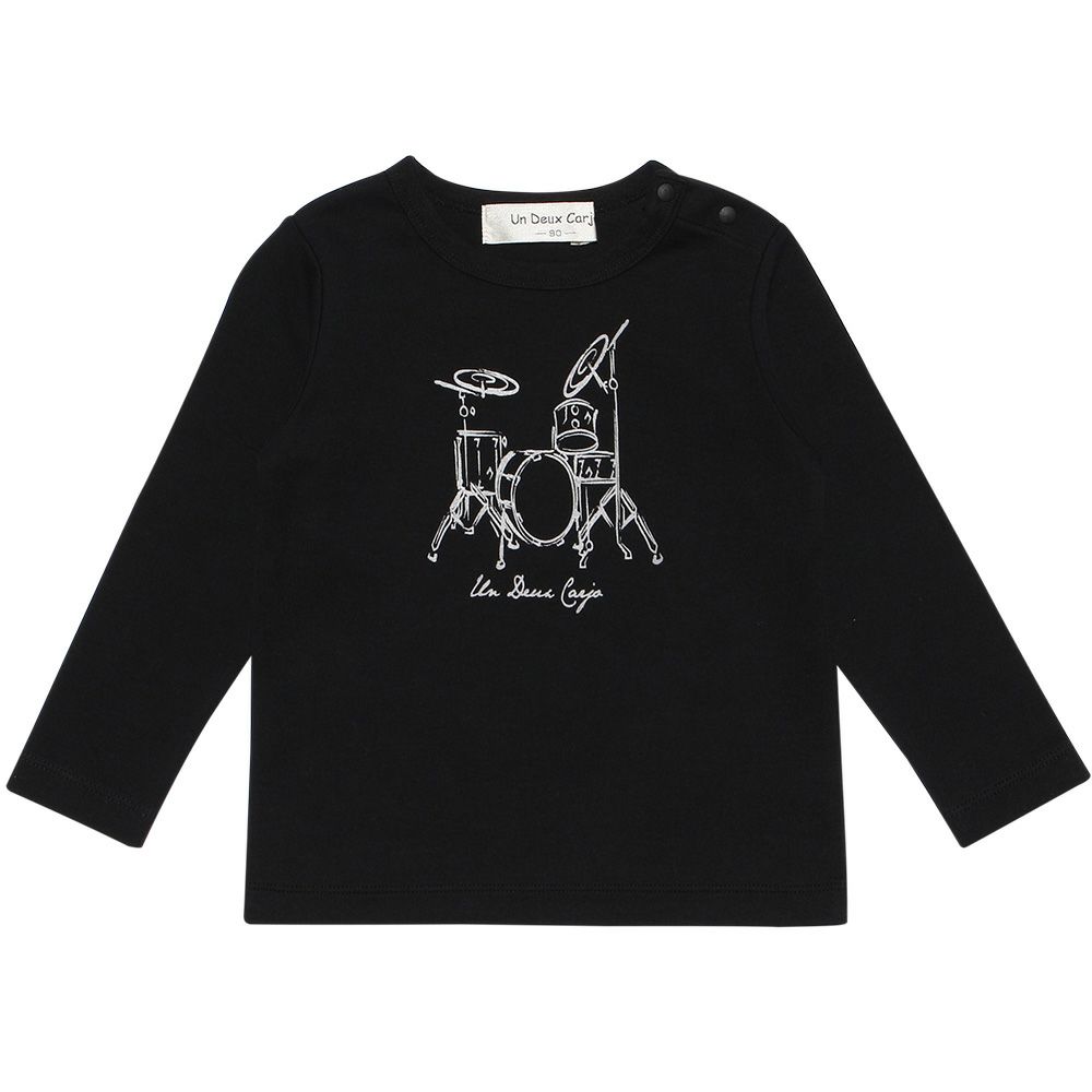 ベビー服 男の子 ベビーサイズ綿100％楽器シリーズドラムプリントTシャツ ブラック(00) 正面
