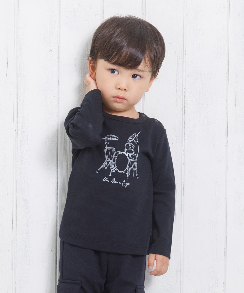 ベビー服 男の子 ベビーサイズ綿100％楽器シリーズドラムプリントTシャツ ブラック(00) モデル画像アップ