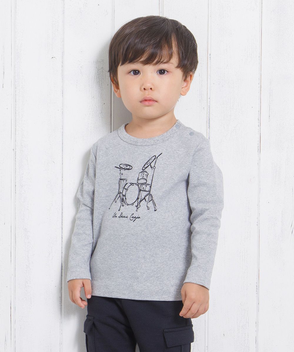 ベビー服 男の子 ベビーサイズ綿100％楽器シリーズドラムプリントTシャツ 杢ｸﾞﾚｰ(92) モデル画像アップ