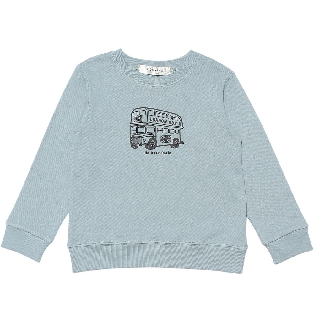 ベビー服 男の子 綿100％ロンドンバスプリント乗り物裏毛トレーナー ブルー(61) 正面