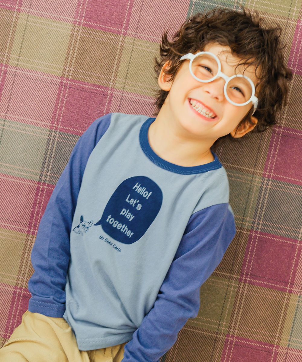 子供服 男の子 綿100％ ブルドッグ 動物 プリント Tシャツ ブルー(61) モデル画像アップ