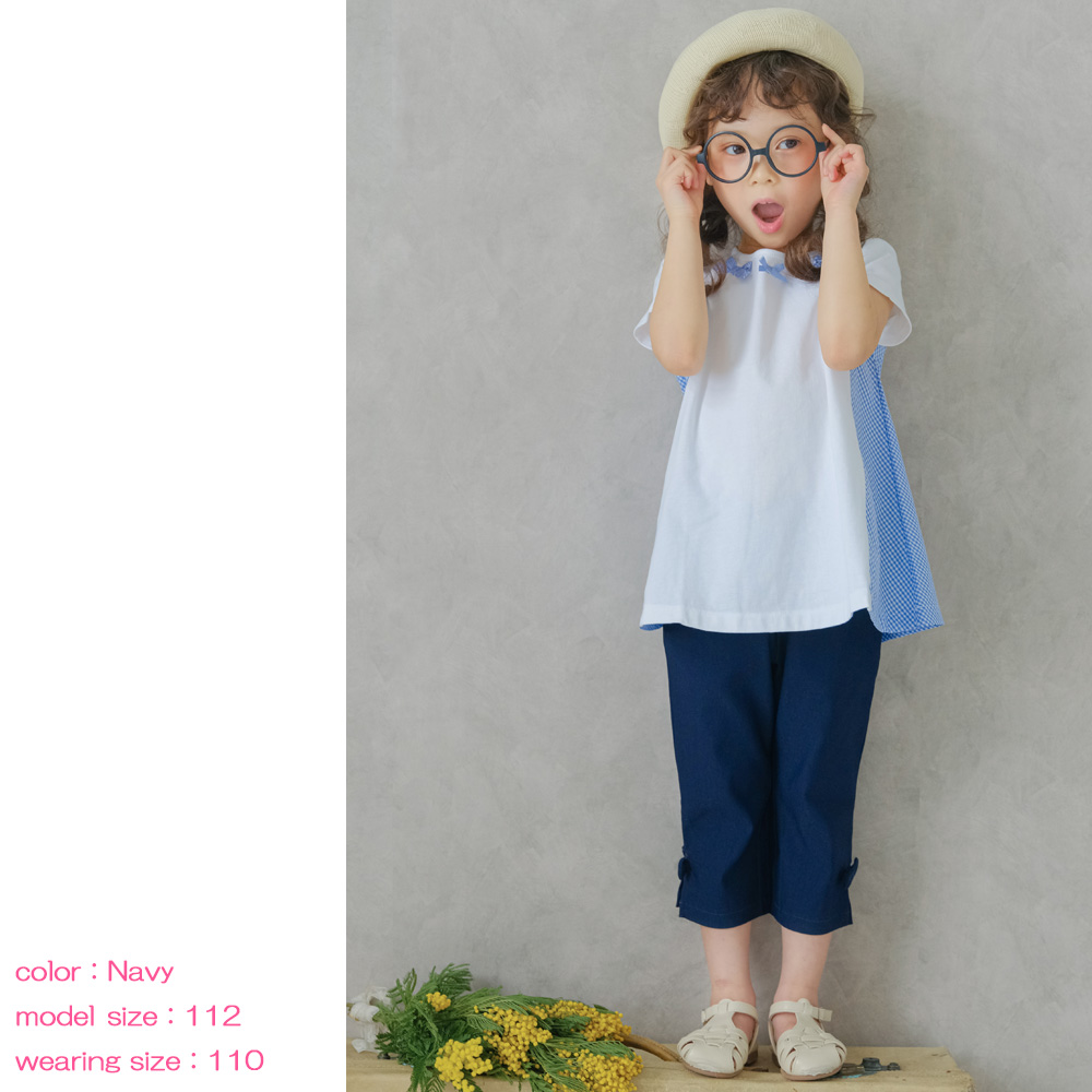 子供服 女の子 ストレッチツイル素材リボンつき７分丈パンツ ネイビー(06) デザインポイント2 カプリパンツ
