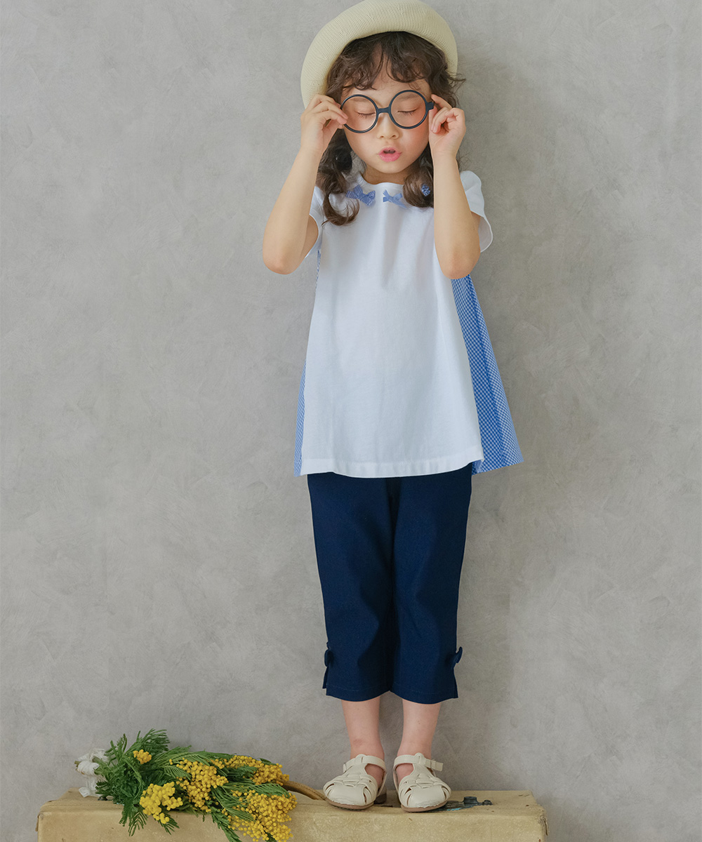 子供服 女の子 ストレッチツイル素材リボンつき７分丈パンツ パープル(91) 正面 カプリパンツ