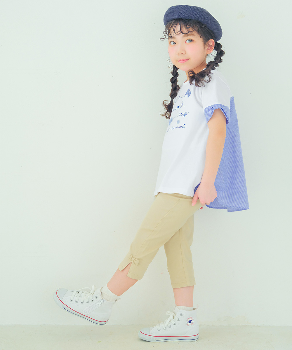 子供服 女の子 ストレッチツイル素材リボンつき７分丈パンツ パープル(91) 背面 カプリパンツ