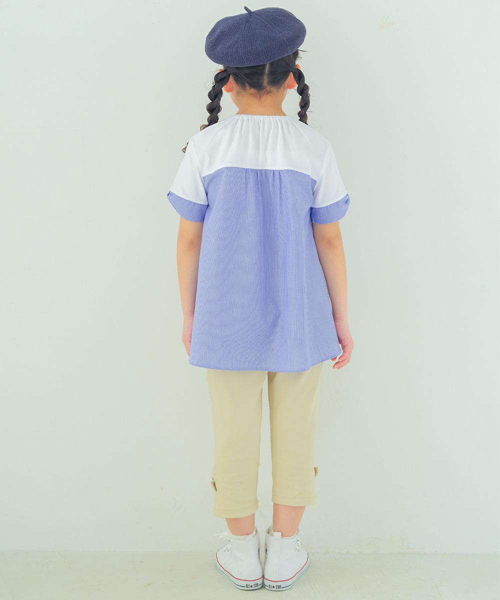 子供服 女の子 ストレッチツイル素材リボンつき７分丈パンツ パープル(91) デザインポイント1 カプリパンツ