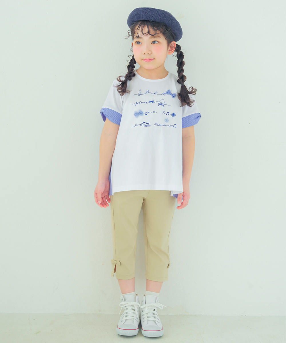 子供服 女の子 ストレッチツイル素材リボンつき７分丈パンツ パープル(91) デザインポイント2 カプリパンツ