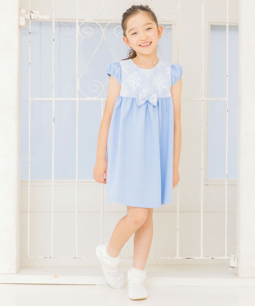 子供服 女の子 日本製レースリボン付きハイウエストワンピース ブルー(61) モデル画像2
