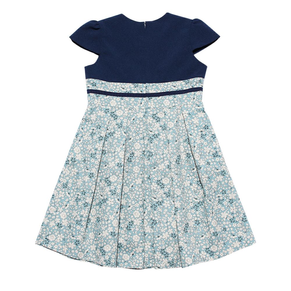 子供服 女の子 日本製リボつき花柄タックワンピース ネイビー(06) 背面