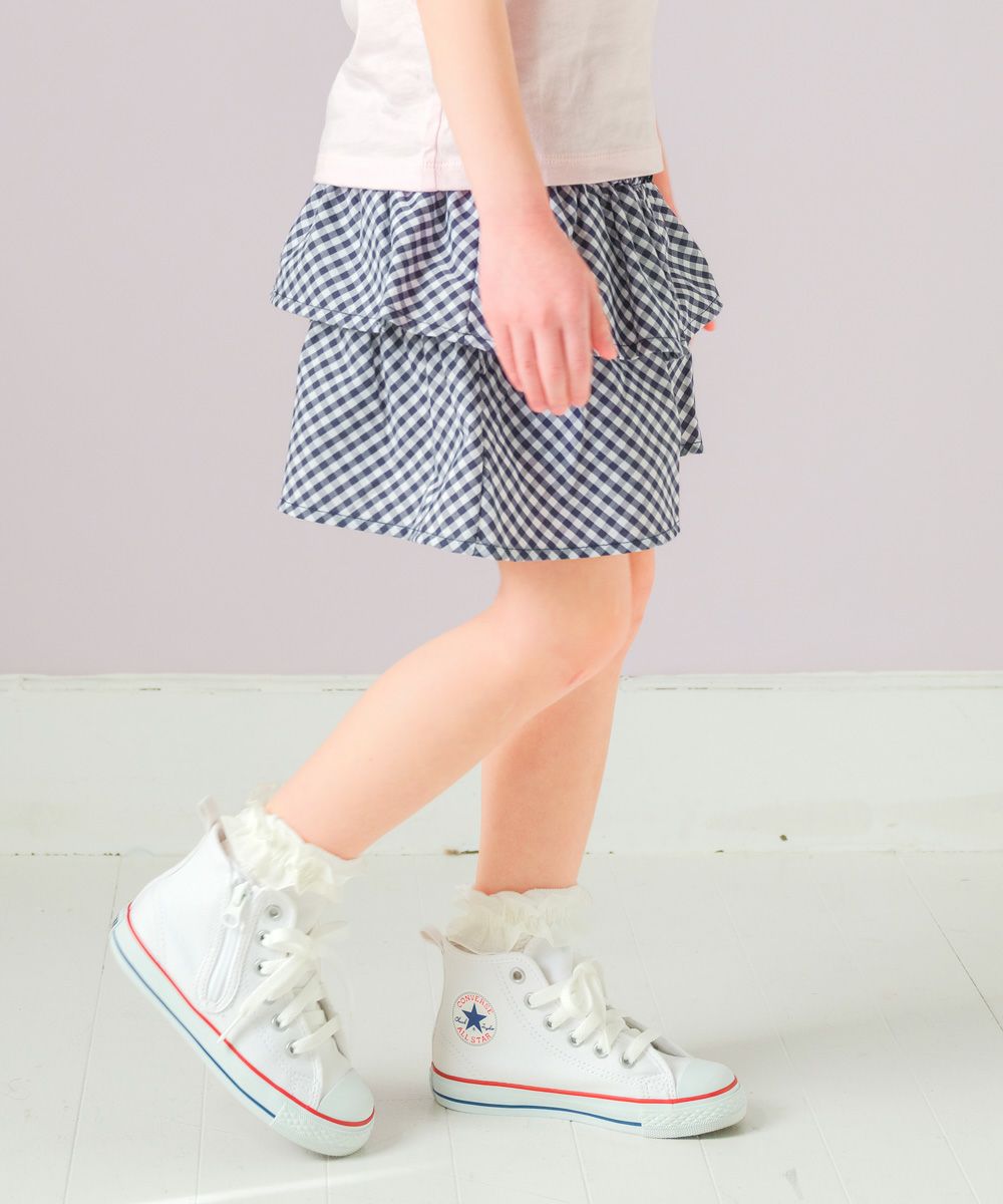 子供服 女の子 ギンガムチェック柄キュロットパンツ ネイビー(06) モデル画像全身