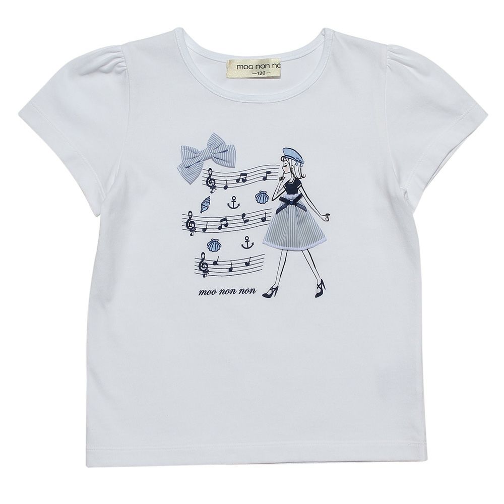 子供服 女の子 綿100％リボン付き音符＆女の子モチーフTシャツ オフホワイト(11) 正面