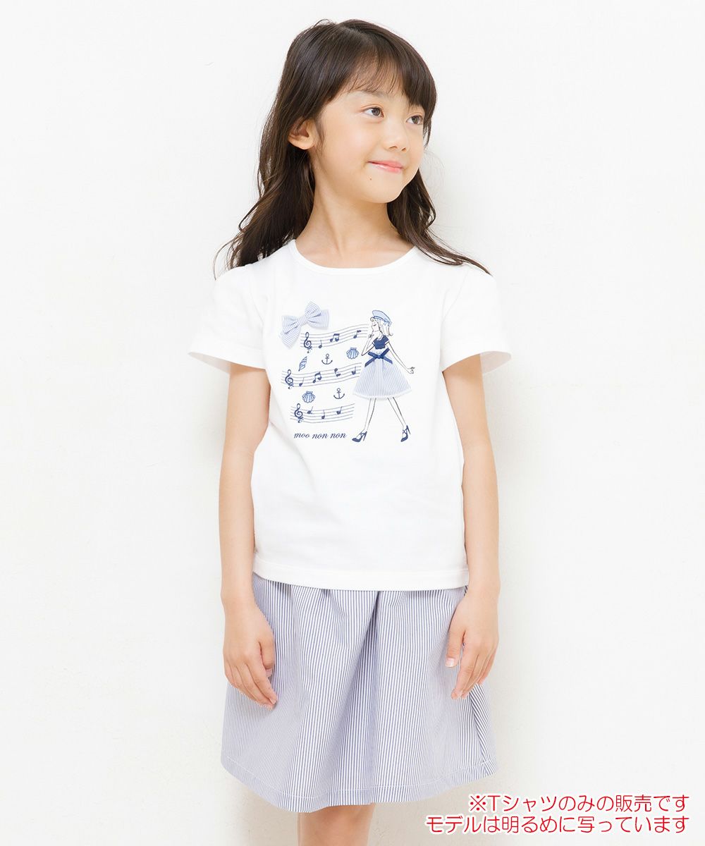 子供服 女の子 綿100％リボン付き音符＆女の子モチーフTシャツ オフホワイト(11) モデル画像1
