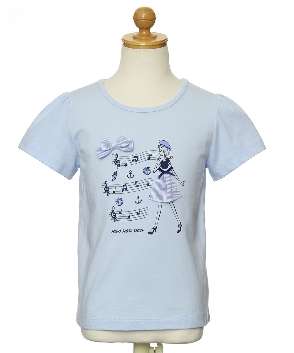 子供服 女の子 綿100％リボン付き音符＆女の子モチーフTシャツ ブルー(61) トルソー正面