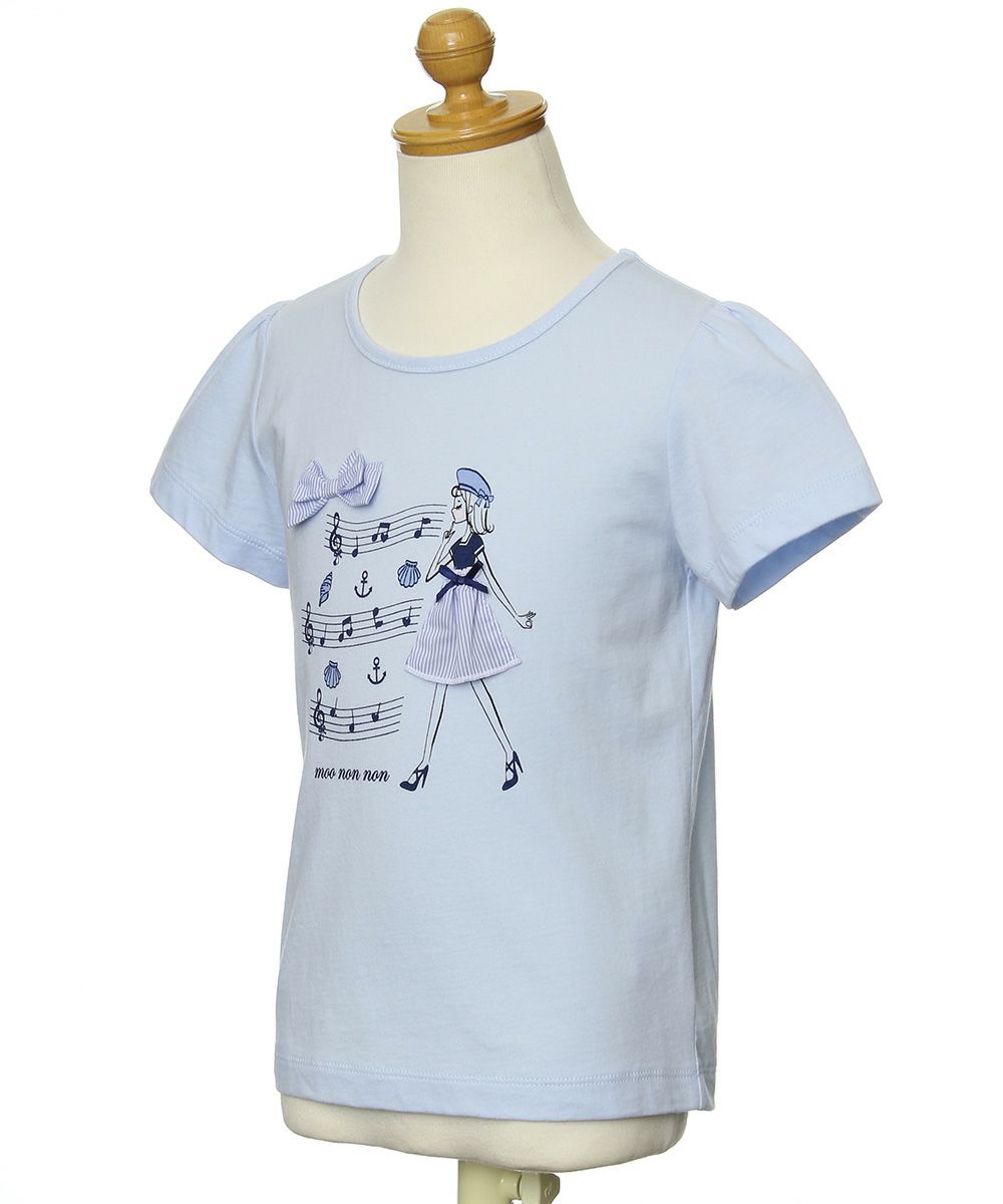 子供服 女の子 綿100％リボン付き音符＆女の子モチーフTシャツ ブルー(61) トルソー斜め
