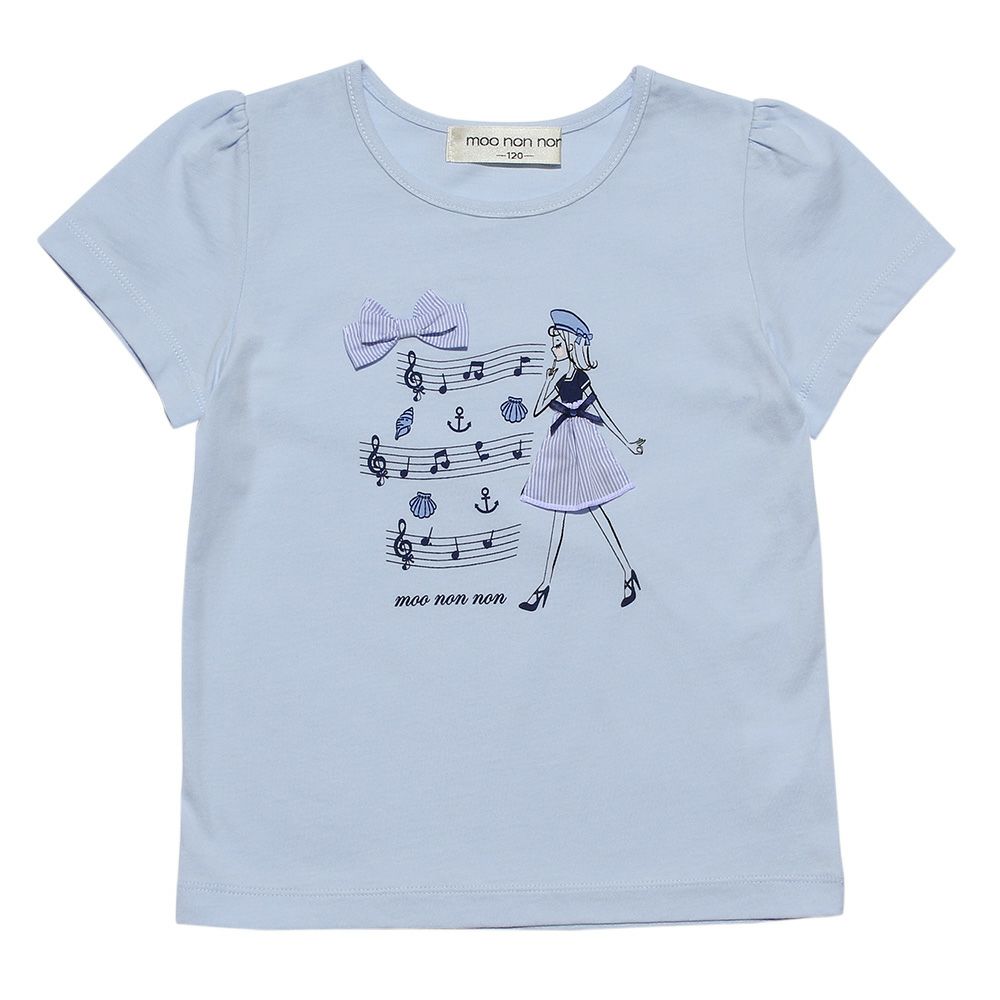 子供服 女の子 綿100％リボン付き音符＆女の子モチーフTシャツ ブルー(61) 正面