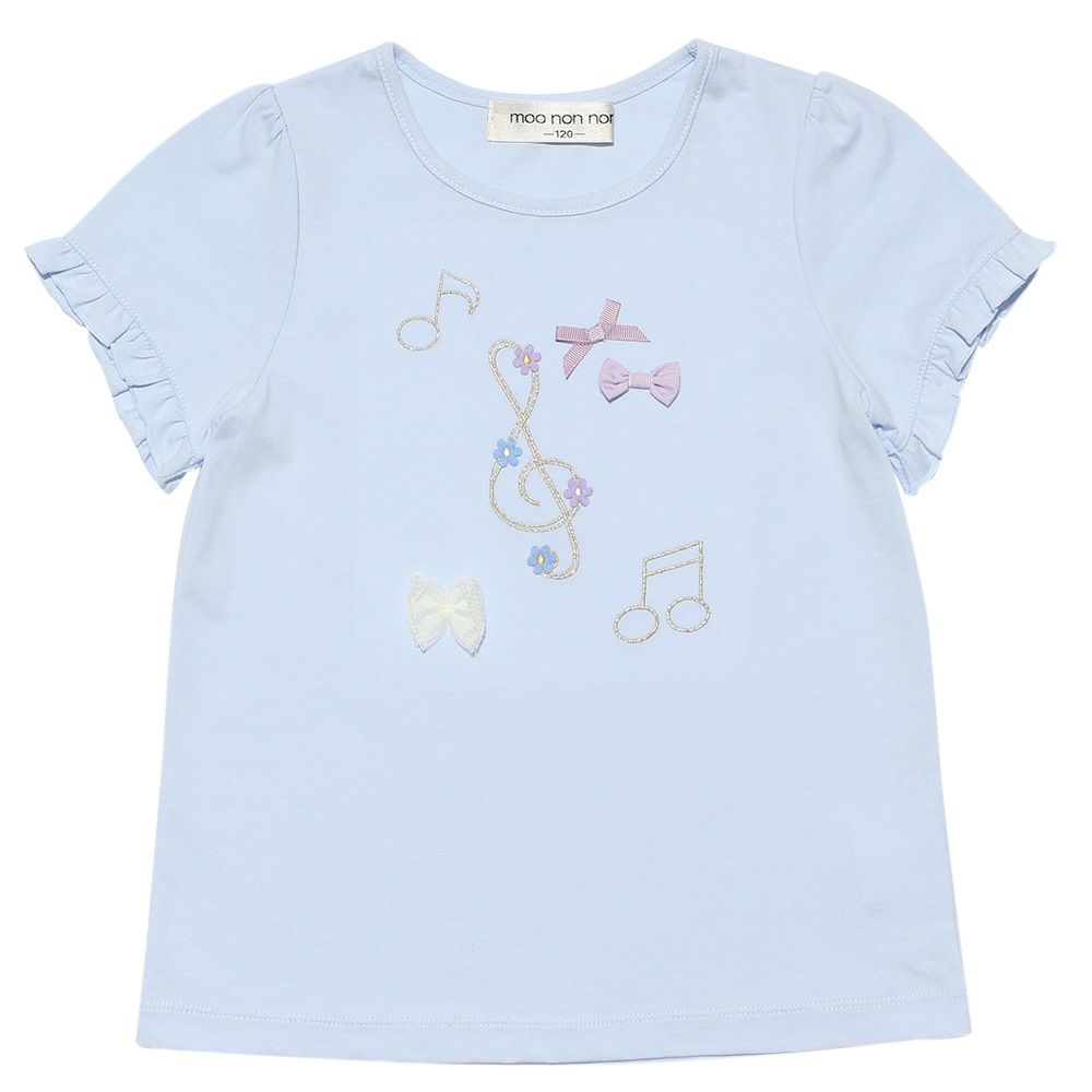 子供服 女の子 綿100％音符＆リボンモチーフTシャツ ブルー(61) 正面