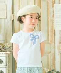 子供服 女の子 綿100％お花プリントリボンモチーフ付きTシャツ