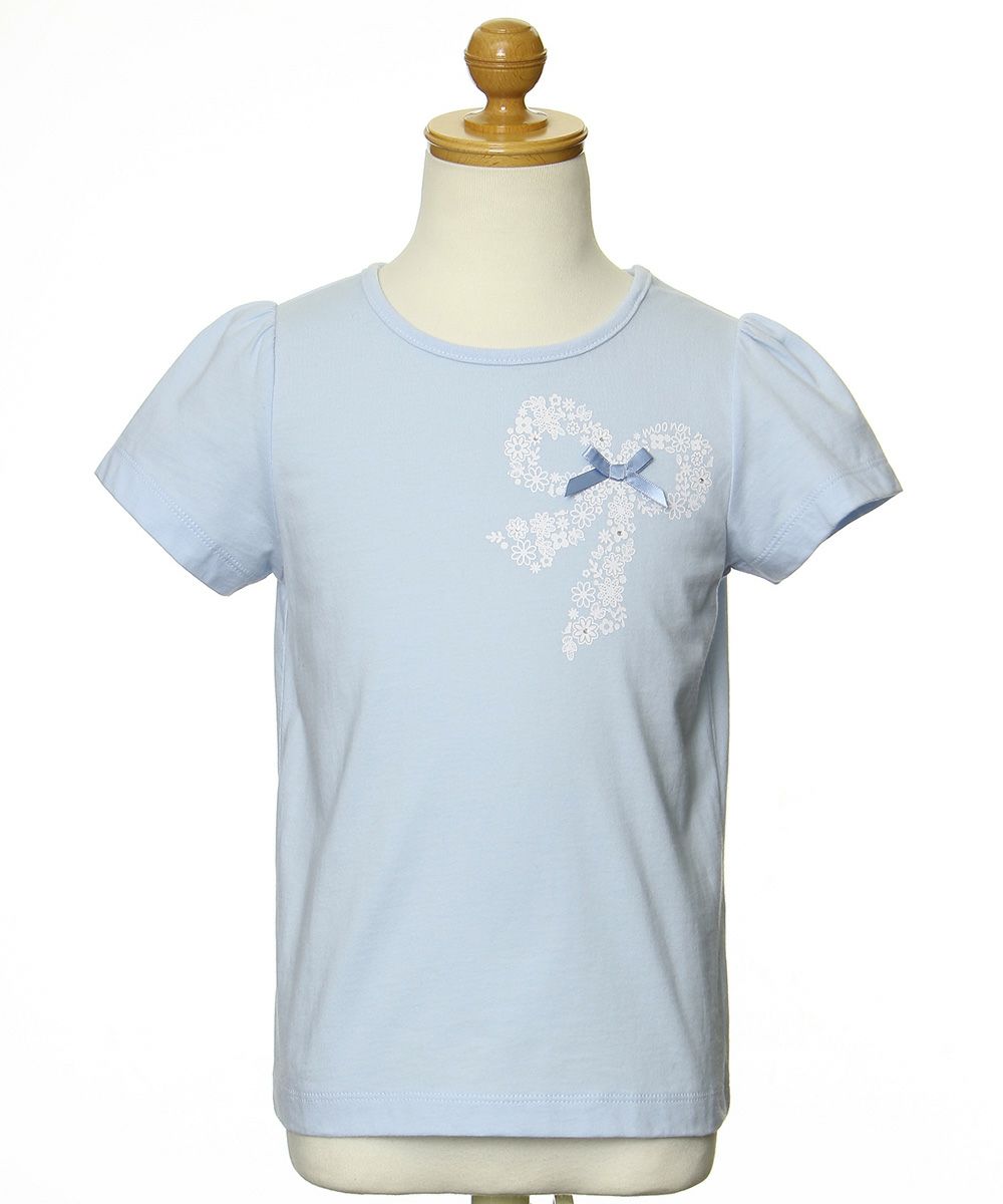 子供服 女の子 綿100％お花プリントリボンモチーフ付きTシャツ ブルー(61) トルソー正面