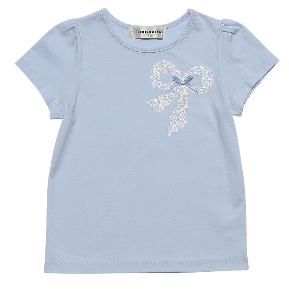 子供服 女の子 綿100％お花プリントリボンモチーフ付きTシャツ ブルー(61) 正面