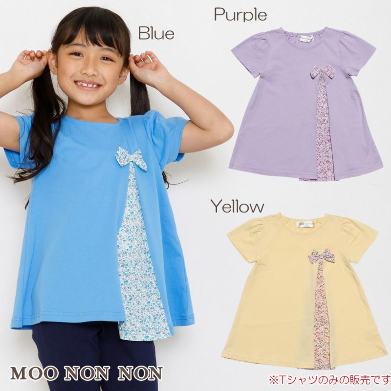 子供服 女の子 綿100％花柄切り替えリボンつきTシャツ