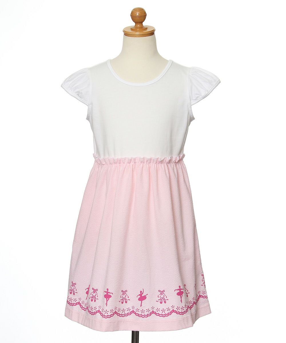 子供服 女の子 バレエモチーフプリントギンガムチェック柄切り替えワンピース ピンク(02) トルソー正面