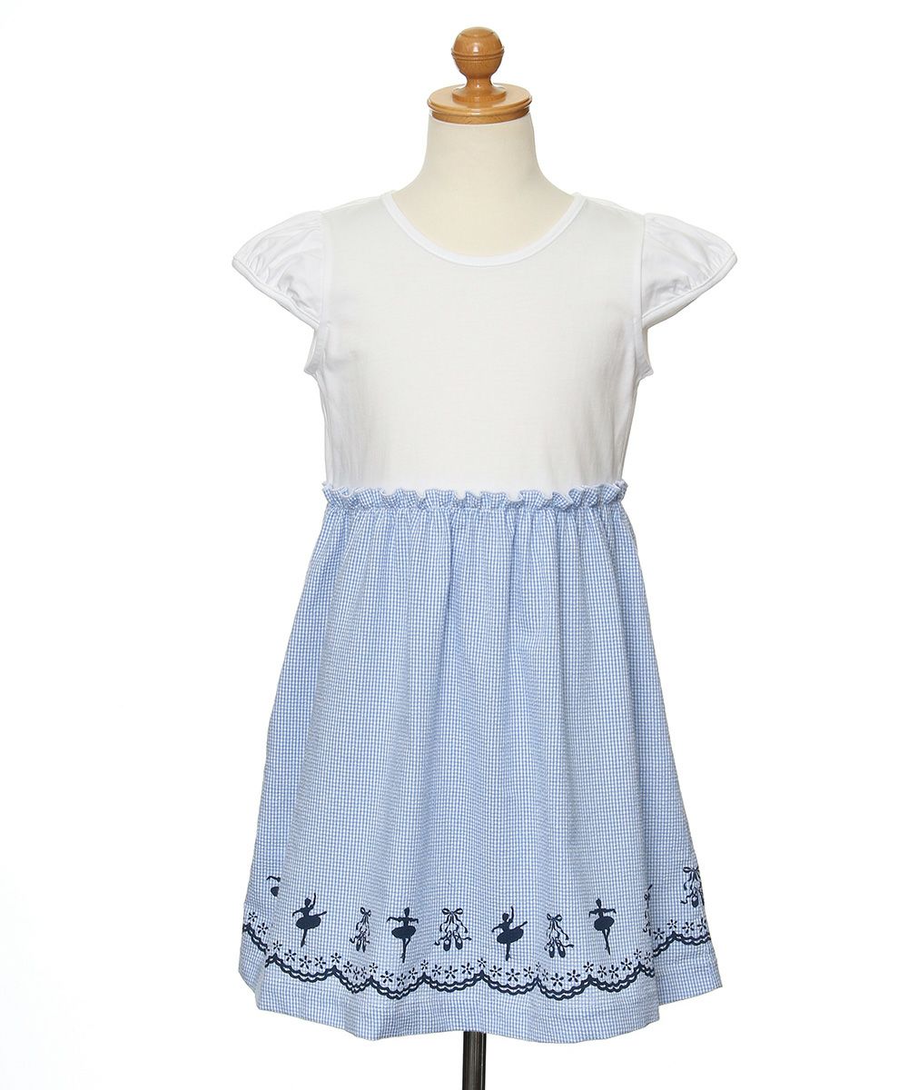 子供服 女の子 バレエモチーフプリントギンガムチェック柄切り替えワンピース ブルー(61) トルソー正面