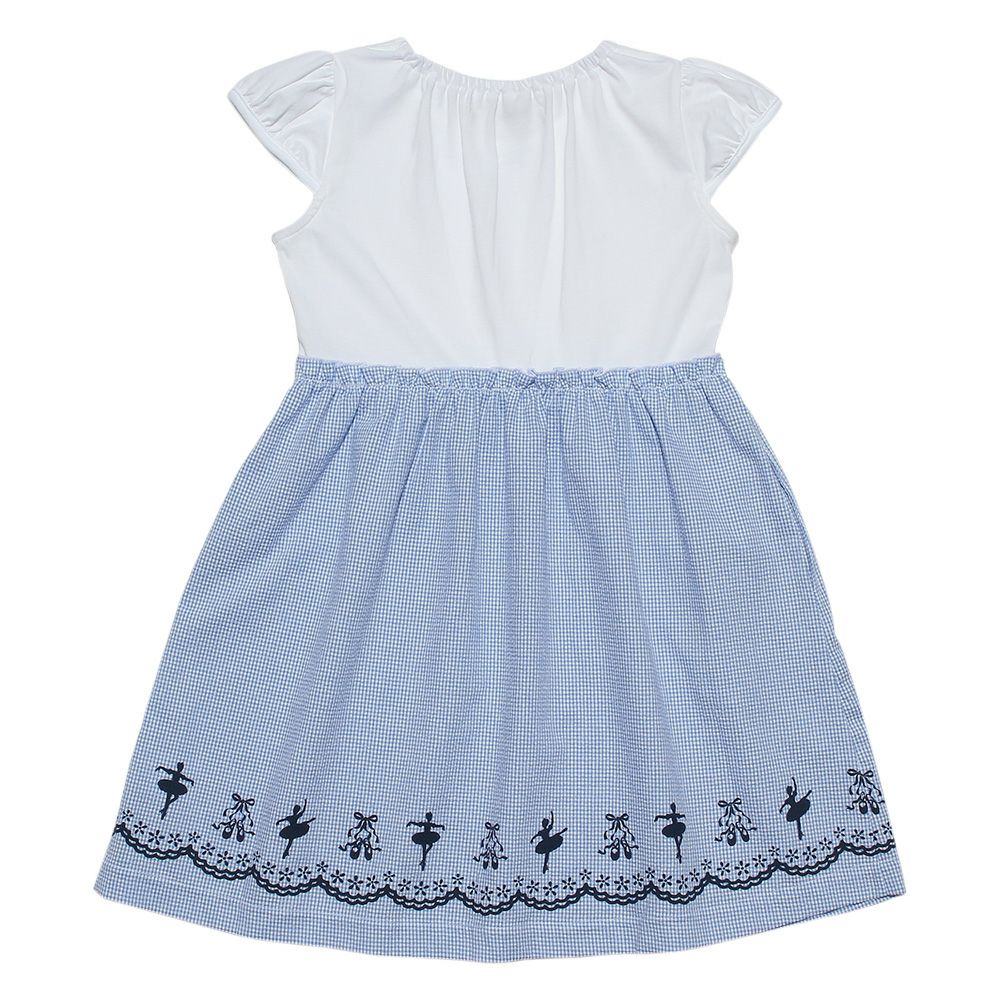 子供服 女の子 バレエモチーフプリントギンガムチェック柄切り替えワンピース ブルー(61) 背面
