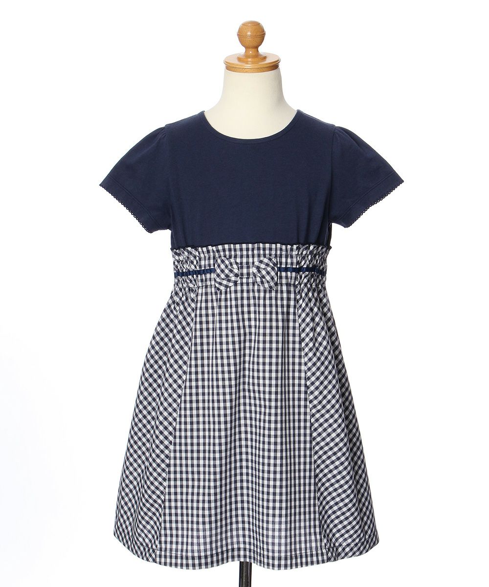 子供服 女の子 ギンガムチェック柄リボン付きギャザーワンピース ネイビー(06) トルソー正面