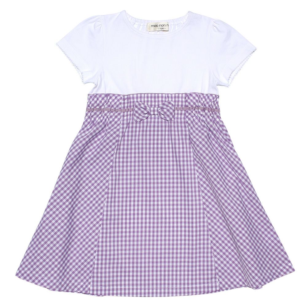 子供服 女の子 ギンガムチェック柄リボン付きギャザーワンピース パープル(91) 正面