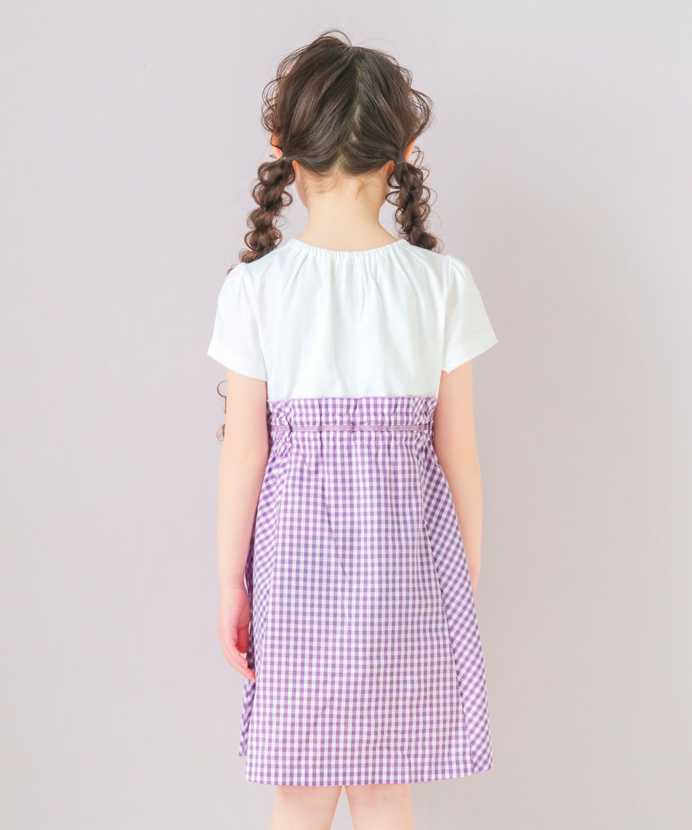 子供服 女の子 ギンガムチェック柄リボン付きギャザーワンピース パープル(91) モデル画像2