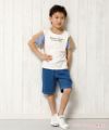子供服 男の子 ロゴプリントストライプ袖切り替えTシャツ アイボリー(12) モデル画像全身