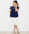 子供服 女の子 リボン付き3段シフォンフリルTシャツ ネイビー(06) モデル画像4