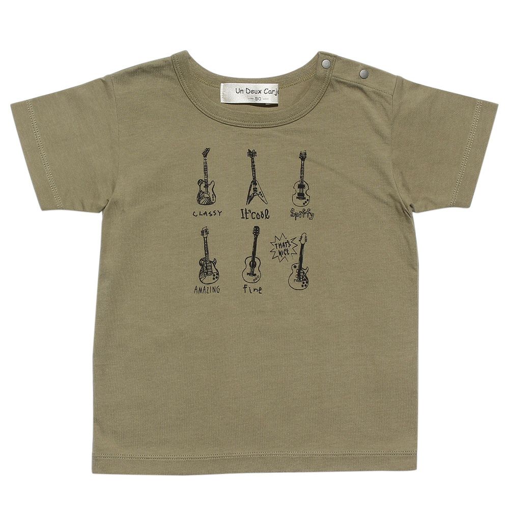 ベビー服 男の子 ベビーサイズ綿100％ギタープリント楽器シリーズTシャツ カーキ(82) 正面