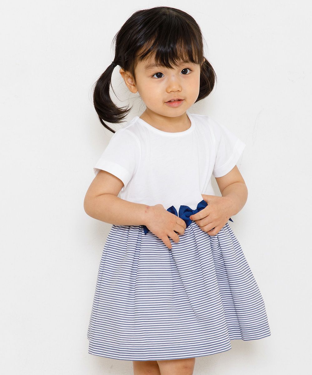 ベビー服 男の子 ベビーサイズボーダー柄リボン＆裏地付きドッキングワンピース オフホワイト(11) モデル画像1