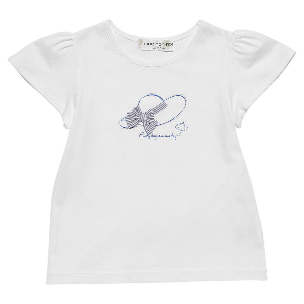 子供服 女の子 綿100％ストライプリボン帽子モチーフプリントTシャツ オフホワイト(11) 正面