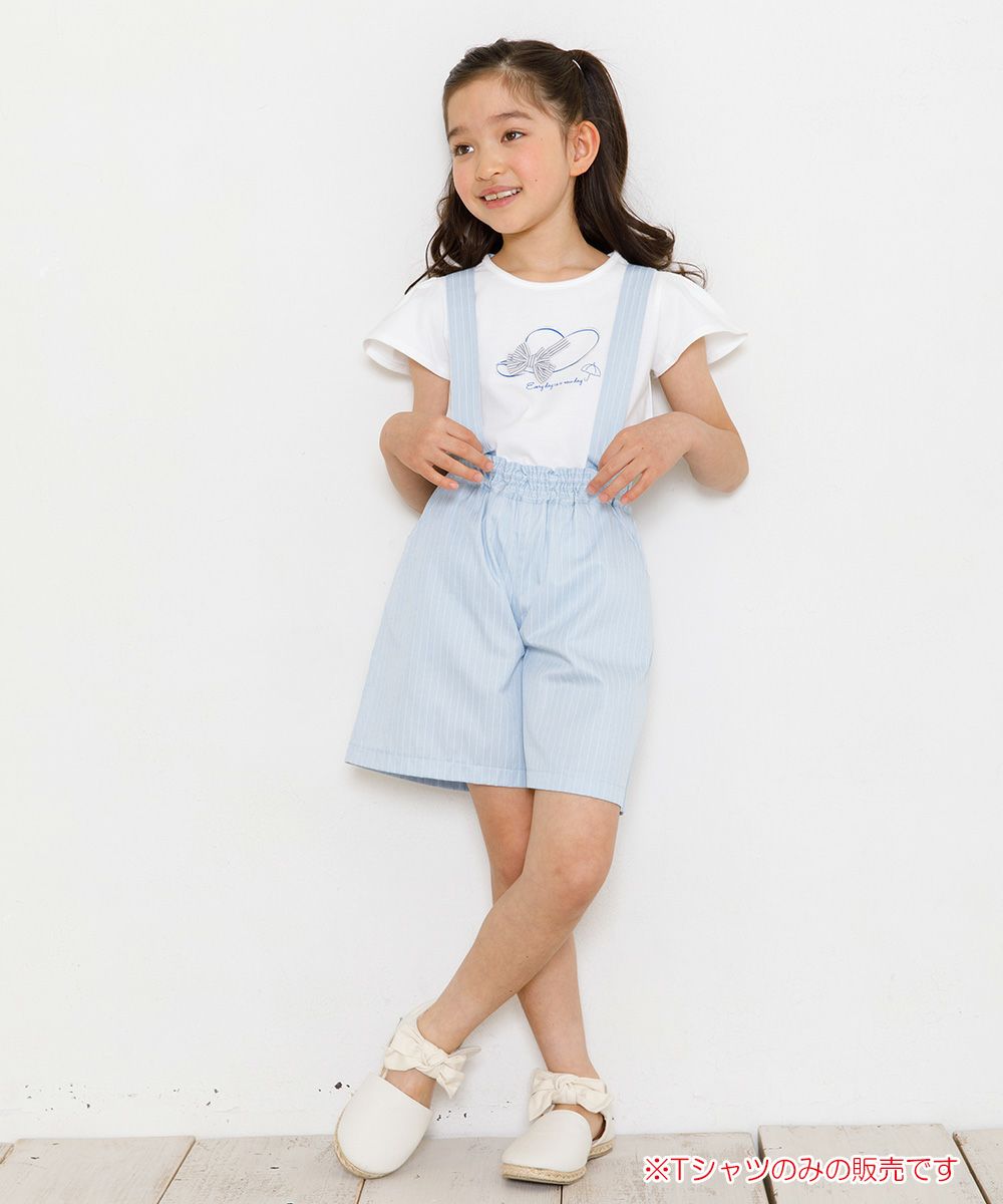 子供服 女の子 綿100％ストライプリボン帽子モチーフプリントTシャツ オフホワイト(11) モデル画像全身
