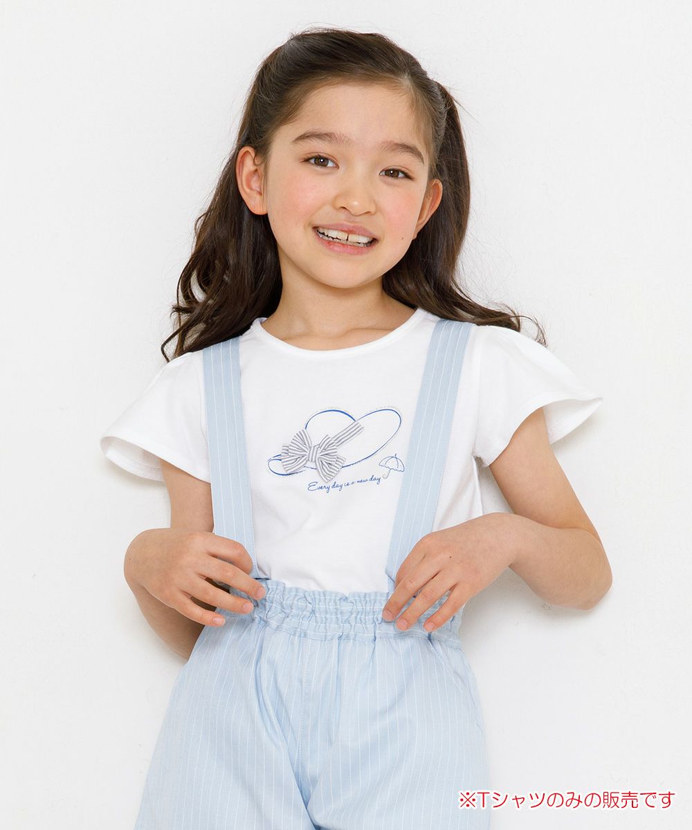 子供服 女の子 綿100％ストライプリボン帽子モチーフプリントTシャツ オフホワイト(11) モデル画像1