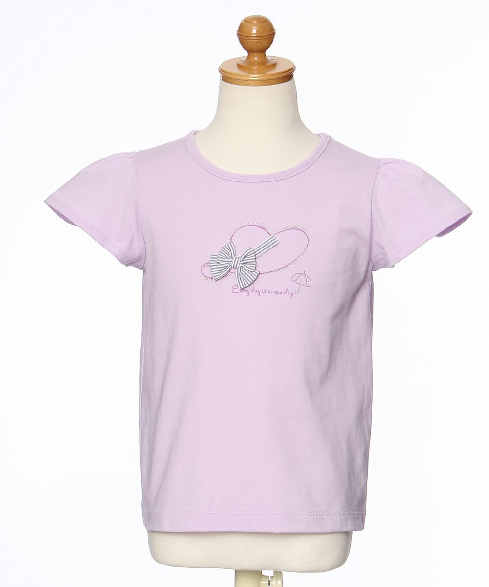 子供服 女の子 綿100％ストライプリボン帽子モチーフプリントTシャツ パープル(91) トルソー正面