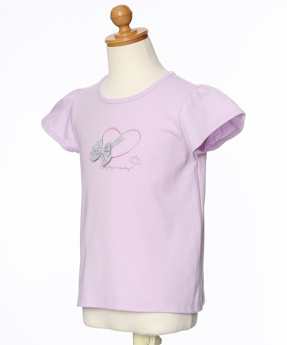 子供服 女の子 綿100％ストライプリボン帽子モチーフプリントTシャツ パープル(91) トルソー斜め