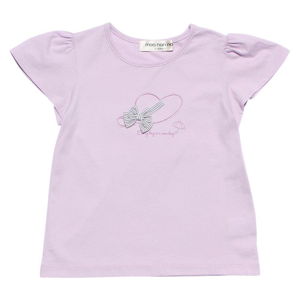 子供服 女の子 綿100％ストライプリボン帽子モチーフプリントTシャツ パープル(91) 正面
