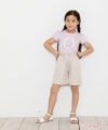 子供服 女の子 綿100％ネコアップリケレース＆音符プリントTシャツ パープル(91) モデル画像全身