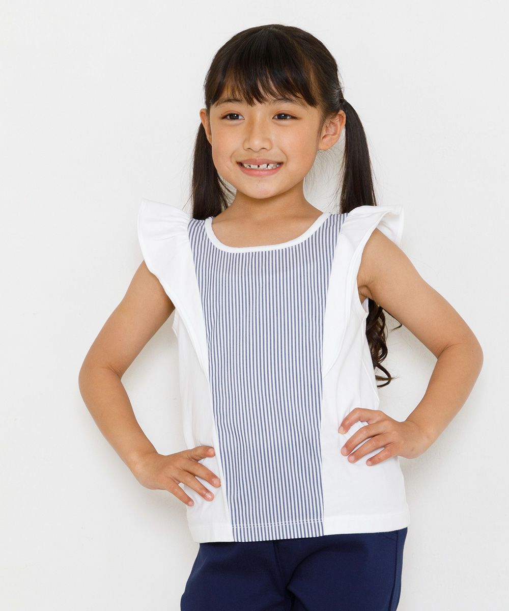 子供服 女の子 ストライプ柄フリル付きTシャツ オフホワイト(11) モデル画像3