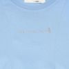 子供服 女の子 綿100％ラインストーンロゴフレアーシルエットTシャツ ブルー(61) デザインポイント1