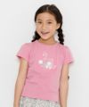 子供服 女の子 綿100％スワンプリントチュールお花モチーフ付きTシャツ ピンク(02) モデル画像アップ