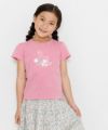 子供服 女の子 綿100％スワンプリントチュールお花モチーフ付きTシャツ ピンク(02) モデル画像3