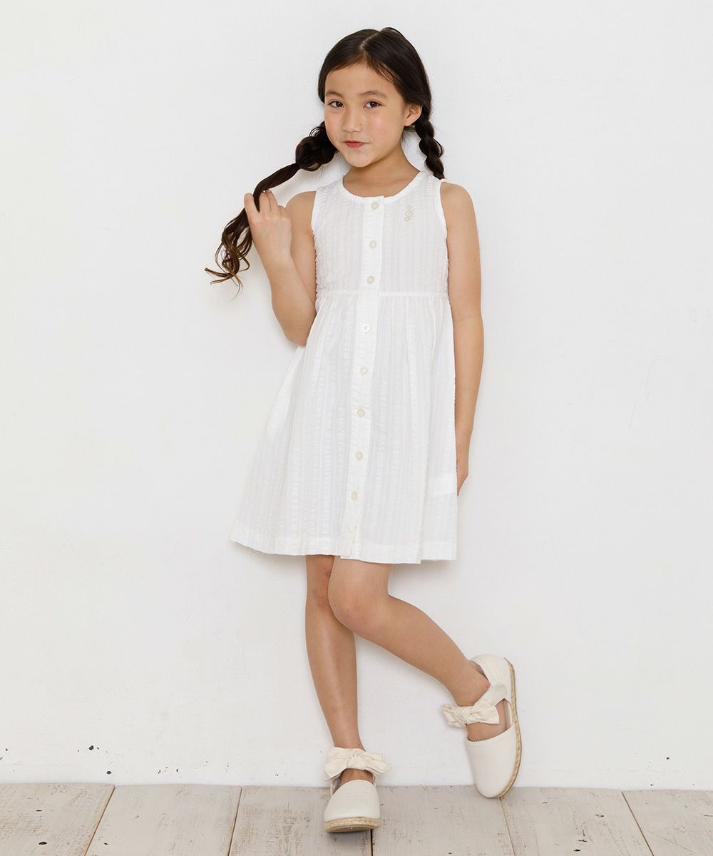 子供服 女の子 ストライプ織り音符刺繍裏地付きワンピース アイボリー(12) モデル画像全身