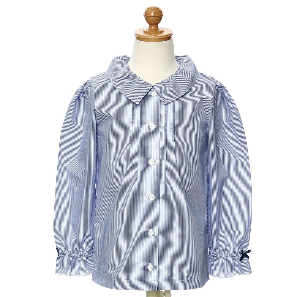 子供服 女の子 ストライプ柄リボン付きフリル袖ブラウス ネイビー(06) トルソー正面