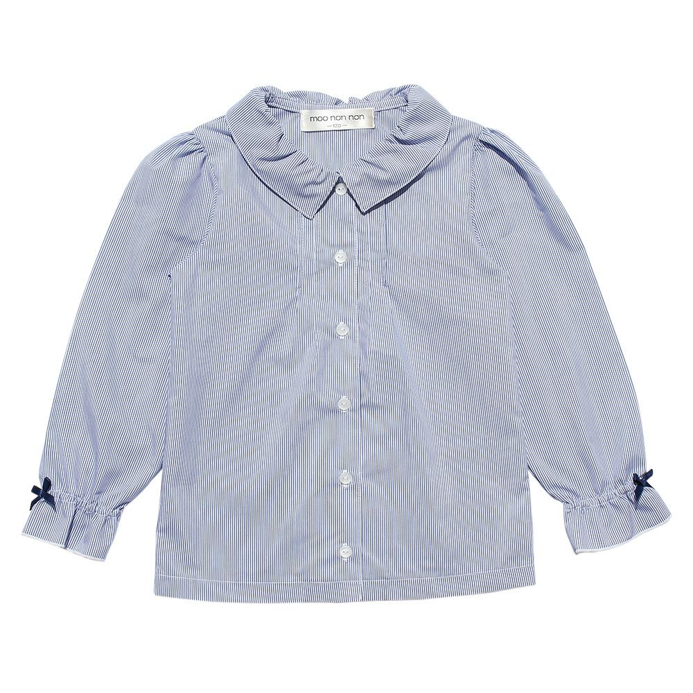 子供服 女の子 ストライプ柄リボン付きフリル袖ブラウス ネイビー(06) 正面