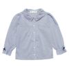 子供服 女の子 ストライプ柄リボン付きフリル袖ブラウス ネイビー(06) 正面